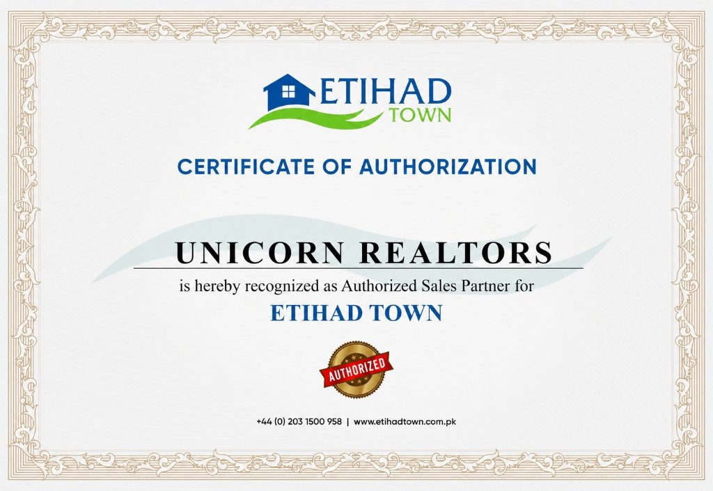 Etihad Town Authorized Sales Partner Certificate — Unicorn Realtors Lahore